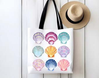 Beach Seashells Print Tote - Ocean Tote Bag - Colorful Seashells - Beach Bag - Summer Tote Bag - Double Sided Beach Tote Bag