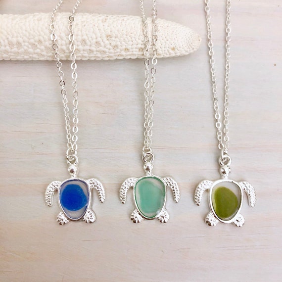 Sea Turtle Necklace Sea Glass Necklace Beach Glass Necklace Beach Turtle Silver Turtle Pendant Resin Sea Glass Necklace Sterling