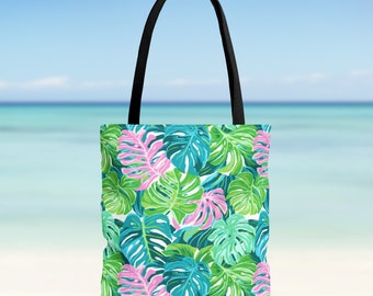 Monstera Hawaiian Print Beach Bag - Floral Beach Bag - Large Beach Tote Bag - Summer Tote Bag - Retro Hawaiian Hibiscus Print Bag