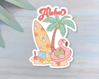 Aloha Surf Flamingo Decal | Waterproof Vinyl Sticker || die-cut ocean stickers surf sticker summer coastal sticker beach aesthetic sticker