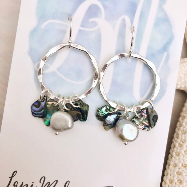 Beach Hoop Earrings Pearl Hoop Earrings Textured Silver Etsy