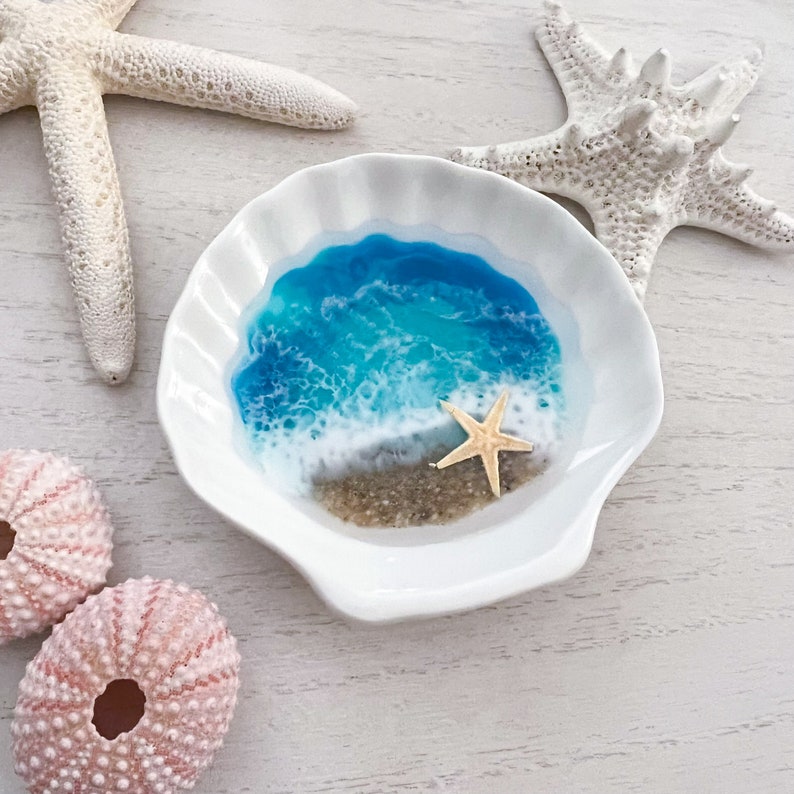 Scallop Shell Beach Resin Ring Bowl Handmade Ocean Resin Art image 1