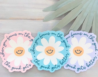 Focus On The Good Flower Smiley Face Decal | Waterproof Vinyl Sticker || floral happy face sticker motivation inspiration aesthetic sticker