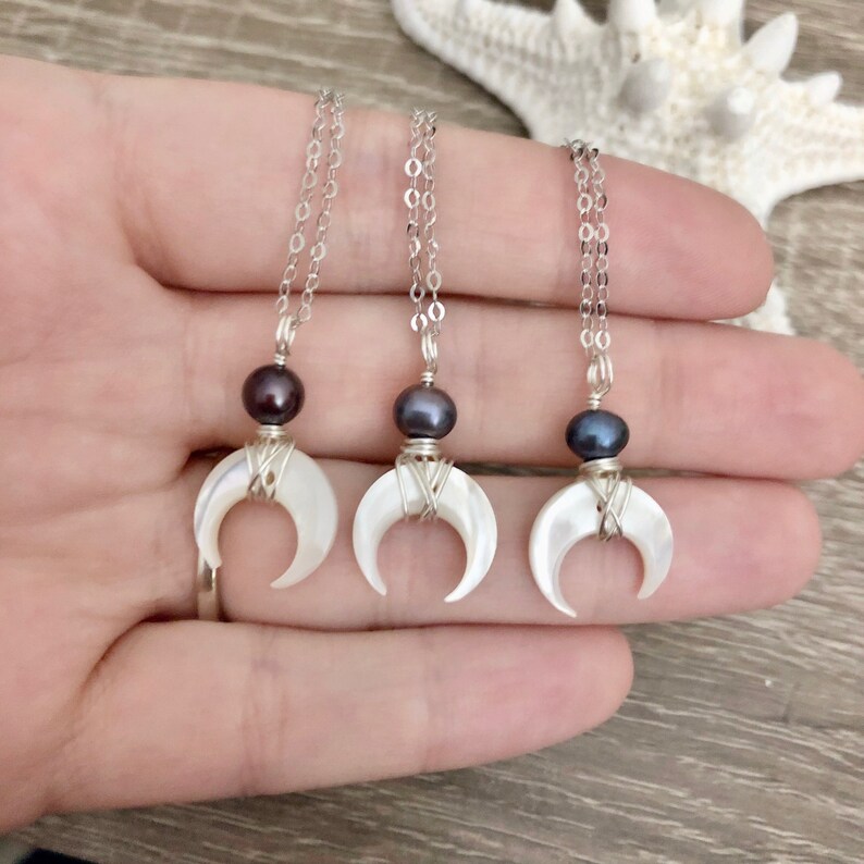 Crescent Pendant Necklace Black Pearl Jewelry Mother of Pearl Necklace Tiny Crescent Necklace Black Pearl Crescent Necklace