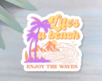 Life's a Beach Neon Decal | Waterproof Vinyl Sticker || die-cut ocean stickers surf sticker summer coastal sticker beach aesthetic sticker