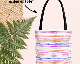 Pink Watercolor Stripes Beach Tote - Tropical Tote Bag - Ocean Bag - Beach Bag - Summer Aesthetic - Double Sided Beach Tote Bag