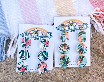 Watercolor Hawaiian Print Dangle Clay Earrings | Handmade Lightweight Polymer Clay Earrings