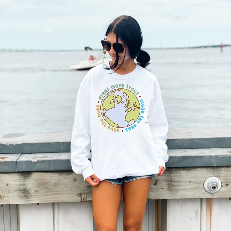 Earth Day Sweatshirt Save the Bees Plant More Trees Clean the Seas Environmental Clothing Save The Planet Gildan Crewneck Sweatshirt image 1