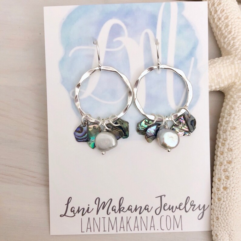 Beach Hoop Earrings Pearl Hoop Earrings Textured Silver Etsy