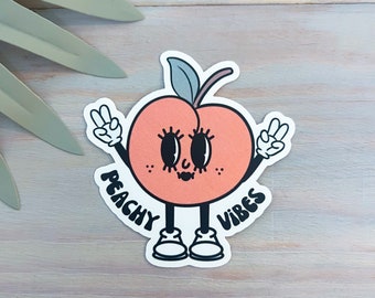 Peachy Vibes Decal | Waterproof Vinyl Sticker || groovy retro character stickers happy face peach sticker aesthetic sticker