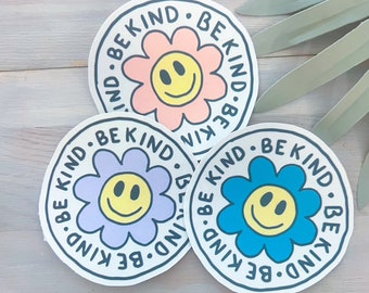 Be Kind Decal | Waterproof Vinyl Sticker || happy flower sticker smiley flower sticker smiley face sticker good vibes aesthetic sticker