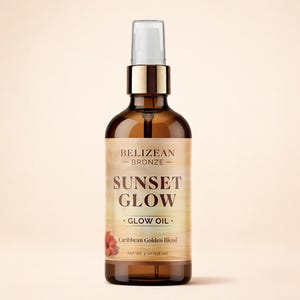 May include: A brown glass bottle of "Sunset Glow" oil with a white and gold spray nozzle. The label reads "Belizean Bronze" and "Glow Oil". The bottle contains 4 oz (118 ml) of Caribbean Golden Blend.