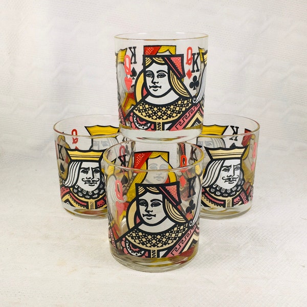 1970s “Rocks” Size Whiskey King & Queen Suite Playing Card Glasses