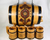 Russian Burned Wood Barrel Liqour Beer Cask With 4 Matching Cups And Stand
