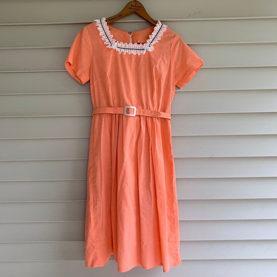 Vintage 1940's 50's Peach Coral Swiss Dot Belted M