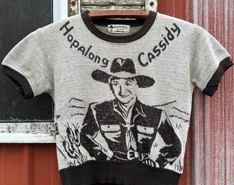 1950s Hopalong Cassidy Graphic Picture Knit Short Sleeve Sweater Womens XS S M