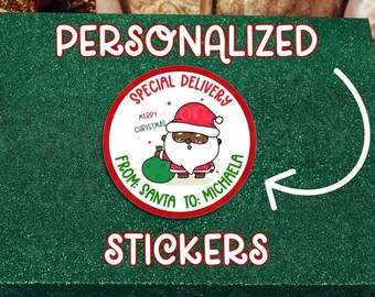 Black Santa Christmas gift stickers personalized Black Santa Claus gift tags for kids, special delivery from Santa Christmas gift tags for