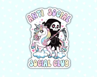 Anti social social club sticker for adults, grim reaper sticker for laptop, stocking stuffers for women, best friend Christmas birthday gift