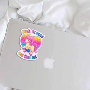 Fuck around and find out unicorn sticker, pastel goth aesthetic decor, yami kawaii decal, creepy cute, antisocial stickers, neon rainbow image 5