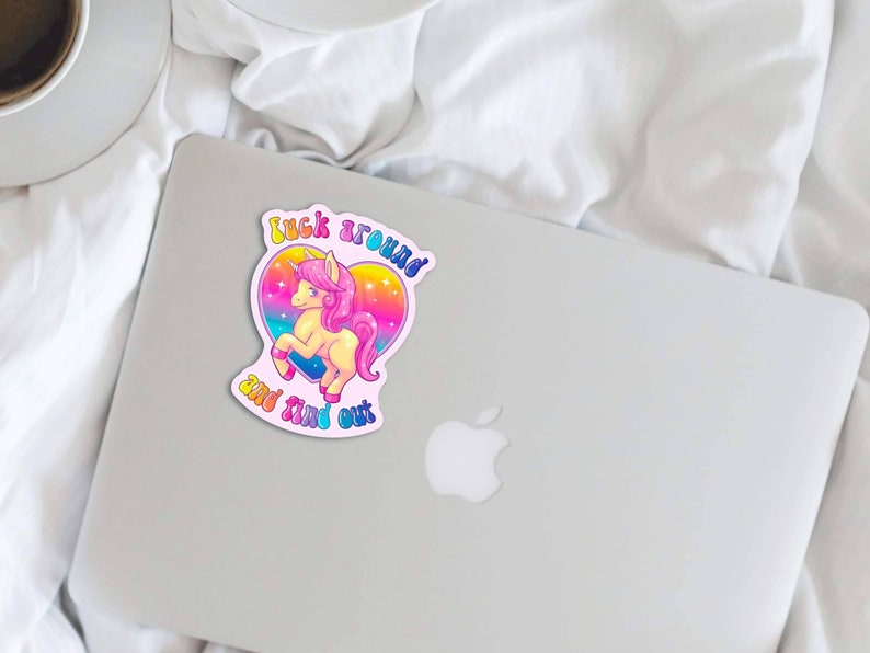 Fuck around and find out unicorn sticker, pastel goth aesthetic decor, yami kawaii decal, creepy cute, antisocial stickers, neon rainbow image 5