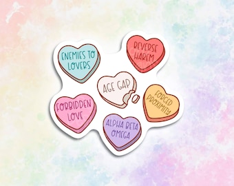 Romance tropes sticker, smut stickers for laptop, candy hearts reader gifts, enemies to lovers fanfiction sticker, book journal stickers