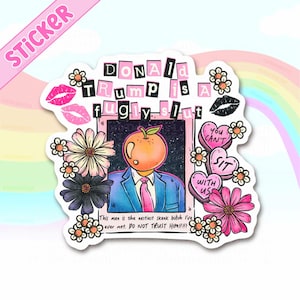 May include: A sticker with the text "DONALD TRUMP is a fugly slut" in a black, pink, and white design. The sticker features an illustration of a person with an orange head, wearing a blue suit and pink tie, surrounded by flowers and lips.