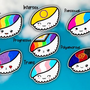 May include: Nine cartoon sushi rolls with different pride flags on top. The flags represent LGBTQ+, bisexual, intersex, pansexual, polyamorous, progressive, and transgender identities.