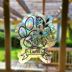 personalized paw print suncatcher sticker for windows, dog memorial gift, sympathy gift loss of dog rainbow maker window decal, dog mom gift