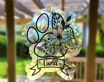 personalized paw print suncatcher sticker for windows, dog memorial gift, sympathy gift loss of dog rainbow maker window decal, dog mom gift