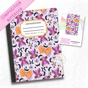 May include: A composition notebook and a magnetic bookmark with a repeating pattern of skulls, pencils, bows, and bats on a light purple background. The notebook is 7.5 x 9.75 inches and has the words "Composition Book" on the cover.