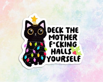 Deck the halls yourself black cat sticker for laptop, white elephant gifts funny Christmas stickers for envelopes, cat gifts for cat lovers