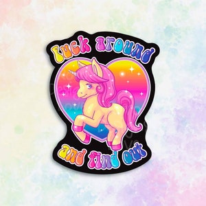 Fuck around and find out unicorn sticker, pastel goth aesthetic decor, yami kawaii decal, creepy cute, antisocial stickers, neon rainbow Black