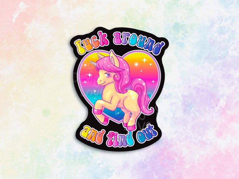 Fuck around and find out unicorn sticker, pastel goth aesthetic decor, yami kawaii decal, creepy cute, antisocial stickers, neon rainbow Black