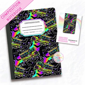 Rainbow Goth Composition Notebook, Spooky Cute School Bus Design, Wide Ruled 80 Pages, Neon Pastel Halloween Stationery, Kawaii school gift