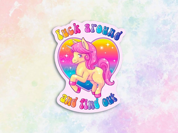 Fuck around and find out unicorn sticker, pastel goth aesthetic decor, yami kawaii decal, creepy cute, antisocial stickers, neon rainbow