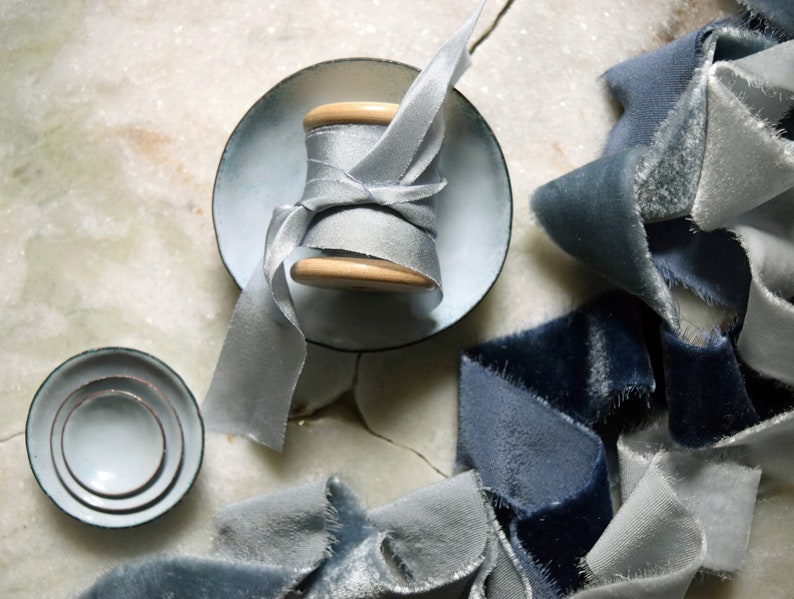 Styling dish set, a set of four miniature enamelled styling dishes in a pale dusky blue grey shade with hand-dyed blue grey silk ribbon image 1