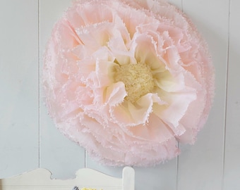 Pink paper flower, giant hand-dyed flower in blush pink and pale yellow,  Wedding Decoration paper flower backdrop, paper pompom flower