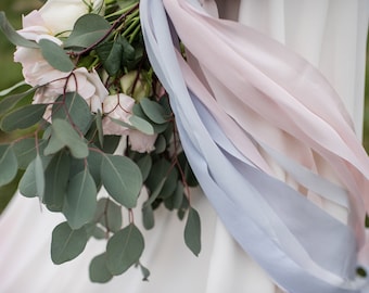 Silk Ribbon: Hand-dyed Silk ribbon; Pantone 2016 color of the year Rose Quartz and Serenity, wedding bridal bouquet; 100% pure silk ribbon