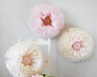 Three giant hand-dyed bridal paper flowers in blush pink, copper and ivory