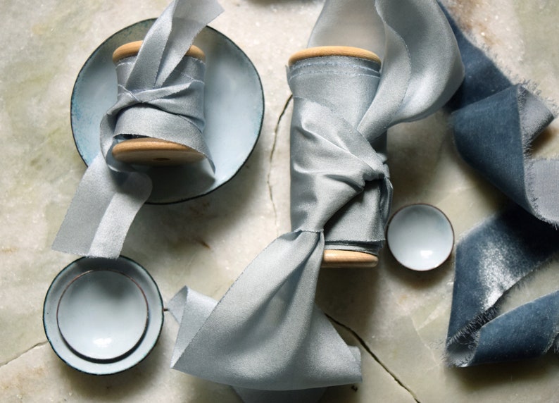 Styling dish set, a set of four miniature enamelled styling dishes in a pale dusky blue grey shade with hand-dyed blue grey silk ribbon image 3