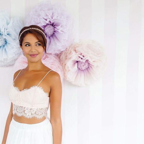 Pastel paper  flowers, giant hand-dyed paper flower wall backdrop- peach, lavender, lilac, pale blue, blush, lemon, mint paper flower