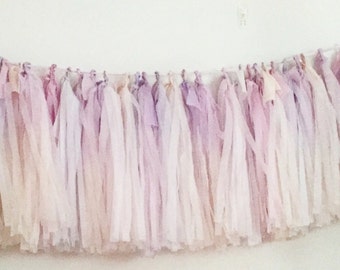 Lilac and pink champagne ombré hand-dyed tissue tassel garland with silk ribbon luxury wedding decor