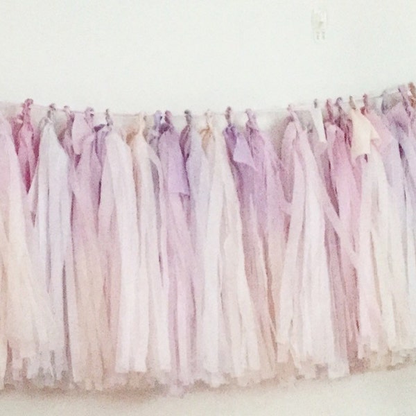 Lilac and pink champagne ombré hand-dyed tissue tassel garland with silk ribbon luxury wedding decor