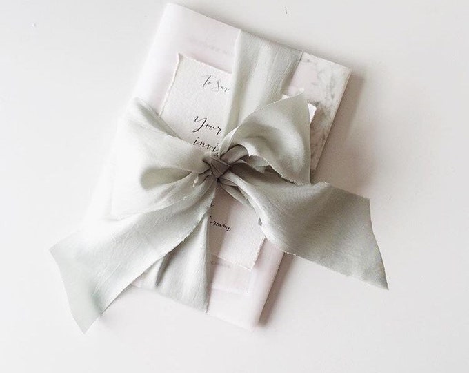 Silk Ribbon: Hand-dyed Silk ribbon; Silvery sage silk ribbon,  pale eucalyptus green ribbon, wedding bridal bouquet; 100% pure silk ribbon 