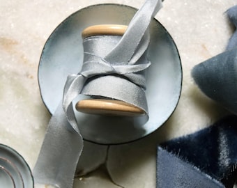 mini styling dish, a single enamelled styling dish in a dusky blue grey shade with hand-dyed  silk ribbon