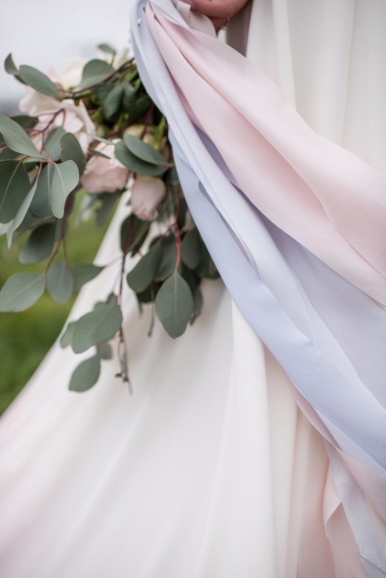 Silk Ribbon: Hand-dyed Silk ribbon Pantone 2016 color of the year Rose Quartz and Serenity, wedding bridal bouquet 100% pure silk ribbon image 2