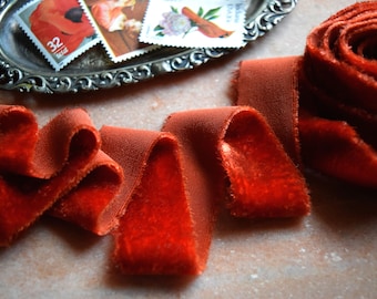 Silk Velvet ribbon , hand dyed, spice velvet ribbon , velvet ribbon in a rich, vibrant tomato red /orange shade