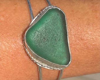 Genuine pirate green seaglass sterling silver bangle