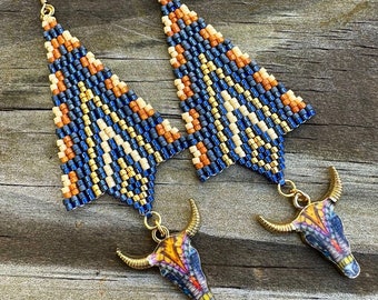 Brincos de contas de boi de chifre longo: contas de semente Miyuki Delica, banhadas a ouro 18k