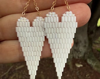 With All My Heart White Beaded Brick Stitch Earrings